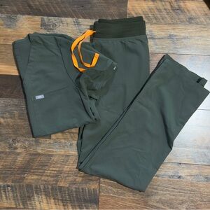 Figs Olive Green Scrub Set with Orange Drawstring